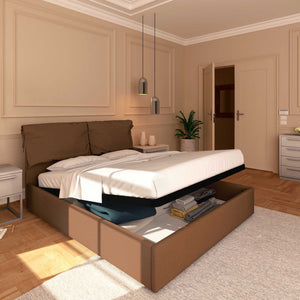 Letto contenitore matrimoniale in ecopelle sfoderabile caffè Baldiflex Licia Soft lato