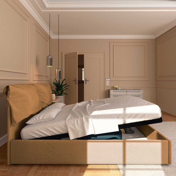 Letto contenitore matrimoniale in ecopelle sfoderabile marrone chiaro Baldiflex Licia Soft laterale