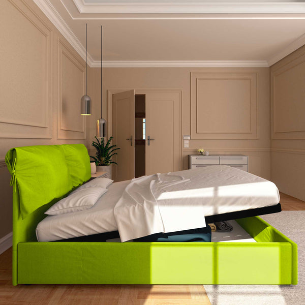 Letto contenitore matrimoniale in ecopelle sfoderabile verde mela Baldiflex Licia Soft laterale