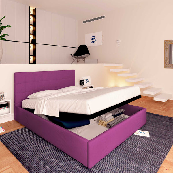 Letto contenitore matrimoniale in tessuto fucsia Baldiflex Dublino lato