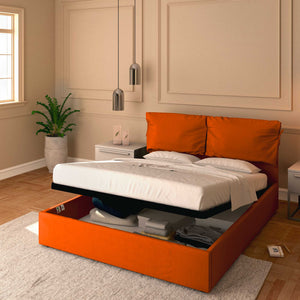 Letto contenitore matrimoniale in tessuto sfoderabile arancione Licia Soft Baldiflex