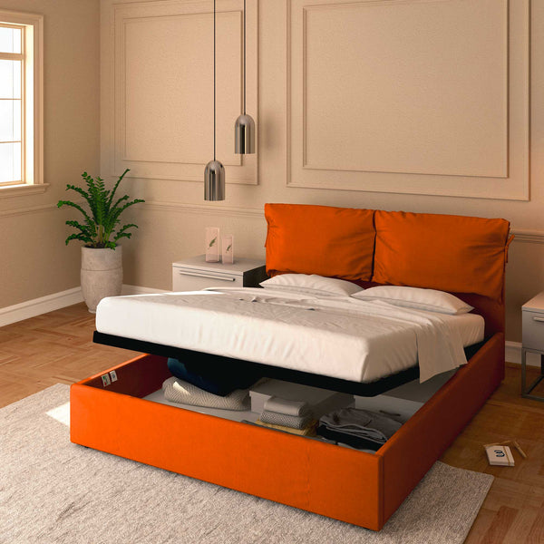 Letto contenitore matrimoniale in tessuto sfoderabile arancione Licia Soft Baldiflex