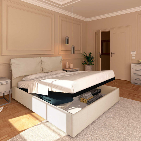 Letto contenitore matrimoniale in tessuto sfoderabile beige Licia Soft Baldiflex lato