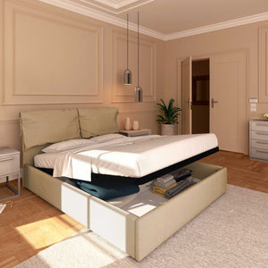 Letto contenitore matrimoniale in tessuto sfoderabile cammello Licia Soft Baldiflex lato