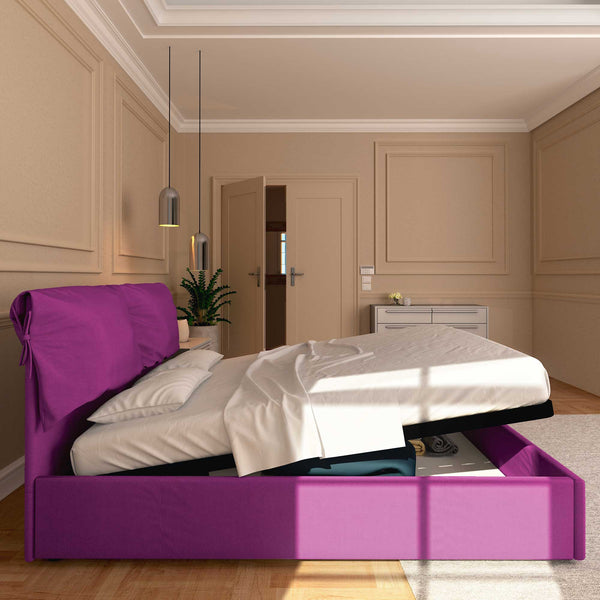 Letto contenitore matrimoniale in tessuto sfoderabile fucsia Licia Soft Baldiflex laterale