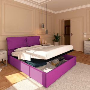 Letto contenitore matrimoniale in tessuto sfoderabile fucsia Licia Soft Baldiflex lato