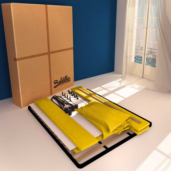 Letto contenitore matrimoniale in tessuto sfoderabile giallo senape Licia Soft Baldiflex cartone