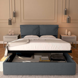 Letto contenitore matrimoniale in tessuto sfoderabile grigio antracite Licia Soft Baldiflex fronte