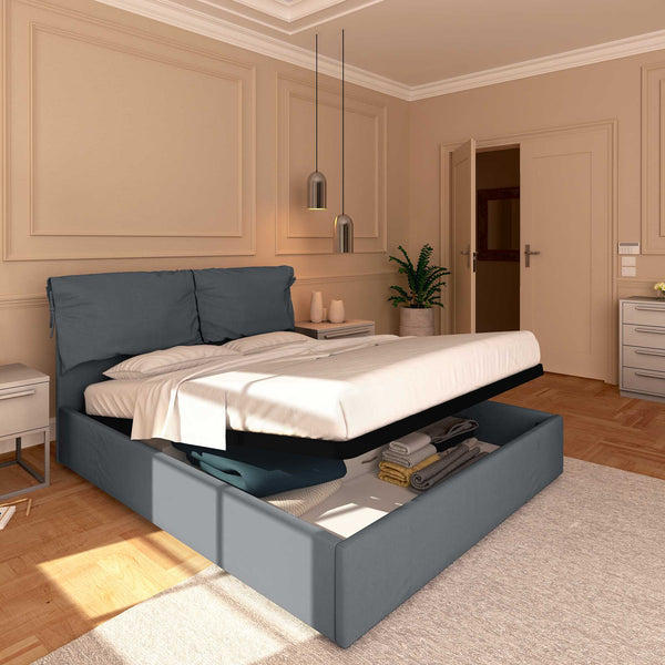 Letto contenitore matrimoniale in tessuto sfoderabile grigio antracite Licia Soft Baldiflex lato