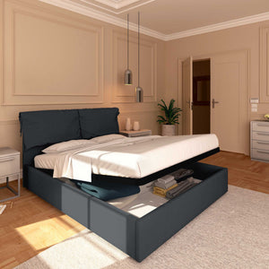 Letto contenitore matrimoniale in tessuto sfoderabile grigio grafite Licia Soft Baldiflex lato
