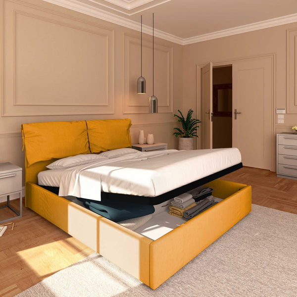 Letto contenitore matrimoniale in tessuto sfoderabile mango Licia Soft Baldiflex lato