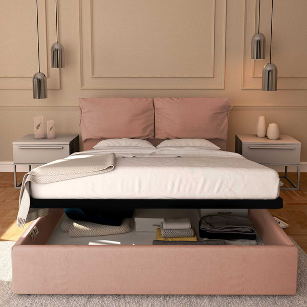 Letto contenitore matrimoniale in tessuto sfoderabile rosa antico Licia Soft Baldiflex fronte