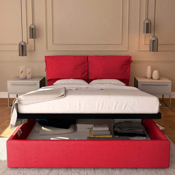 Letto contenitore matrimoniale in tessuto sfoderabile rosso Licia Soft Baldiflex fronte