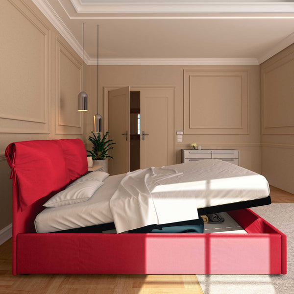 Letto contenitore matrimoniale in tessuto sfoderabile rosso Licia Soft Baldiflex laterale
