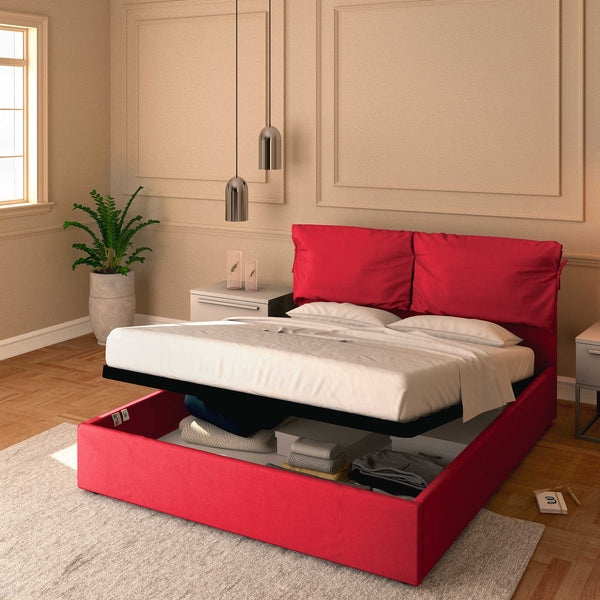 Letto contenitore matrimoniale in tessuto sfoderabile rosso Licia Soft Baldiflex
