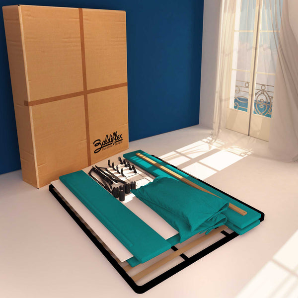 Letto contenitore matrimoniale in tessuto sfoderabile turchese Licia Soft Baldiflex cartone