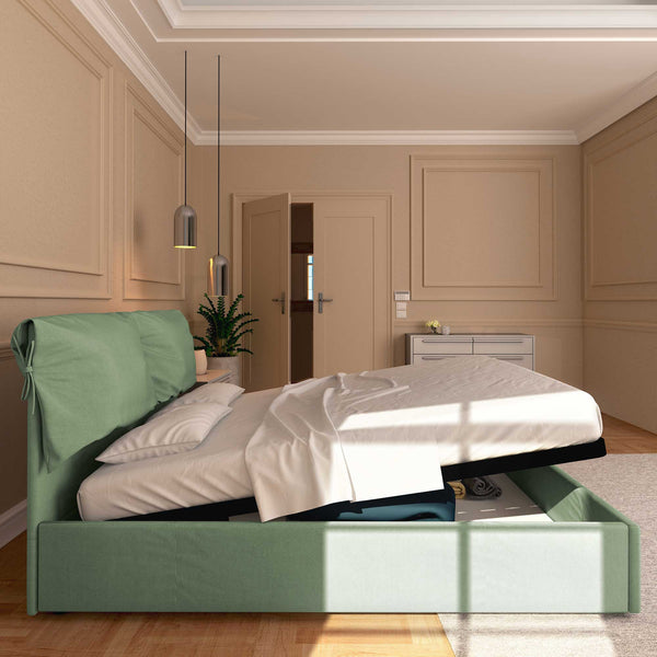 Letto contenitore matrimoniale in tessuto sfoderabile verde menta Licia Soft Baldiflex laterale