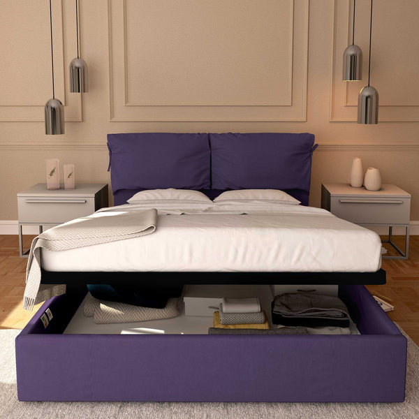Letto contenitore matrimoniale in tessuto sfoderabile viola Licia Soft Baldiflex fronte