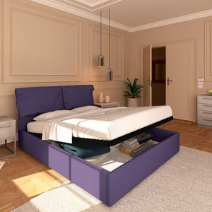 Letto contenitore matrimoniale in tessuto sfoderabile viola Licia Soft Baldiflex lato