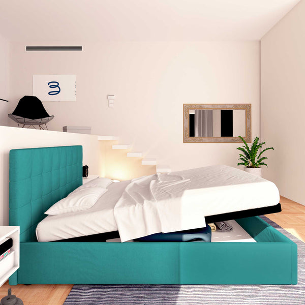 Letto contenitore matrimoniale in tessuto turchese Baldiflex Dublino laterale