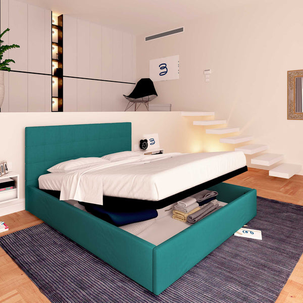 Letto contenitore matrimoniale in tessuto turchese Baldiflex Dublino lato