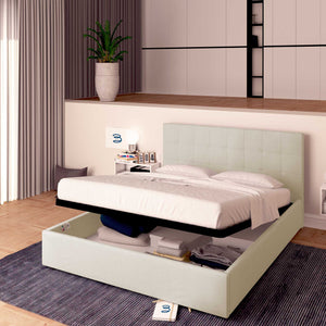 Letto contenitore una piazza e mezza in ecopelle beige chiaro Baldiflex Dublino
