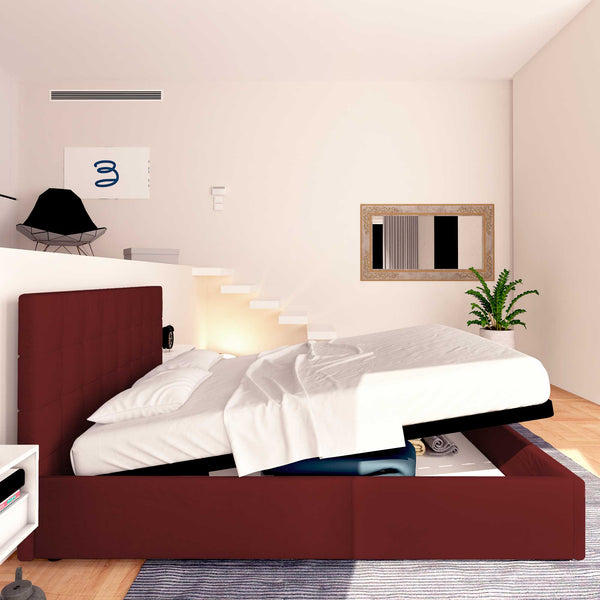 Letto contenitore una piazza e mezza in ecopelle bordeaux Baldiflex Dublino laterale