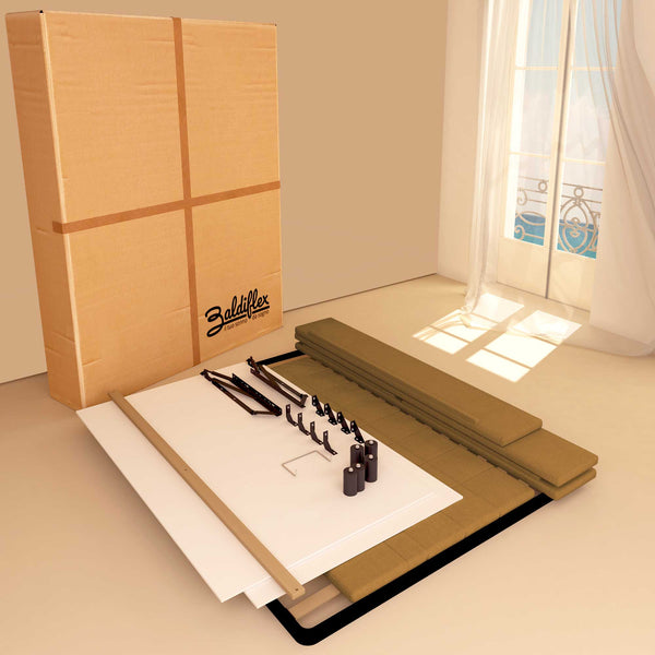 Letto contenitore una piazza e mezza in ecopelle nocciola Baldiflex Dublino scatola