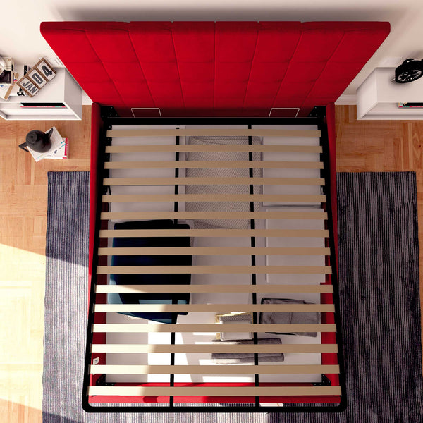 Letto contenitore una piazza e mezza in ecopelle rosso Baldiflex Dublino alto