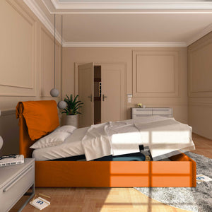 Letto contenitore piazza e mezza in ecopelle sfoderabile arancione Baldiflex Licia Soft laterale