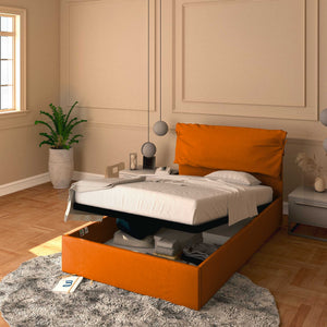 Letto contenitore piazza e mezza in ecopelle sfoderabile arancione Baldiflex Licia Soft 
