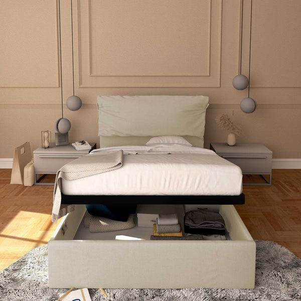 Letto contenitore piazza e mezza in ecopelle sfoderabile beige chiaro Baldiflex Licia Soft fronte