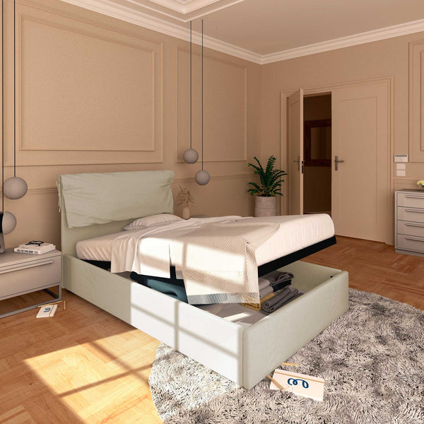 Letto contenitore piazza e mezza in ecopelle sfoderabile beige chiaro Baldiflex Licia Soft lato