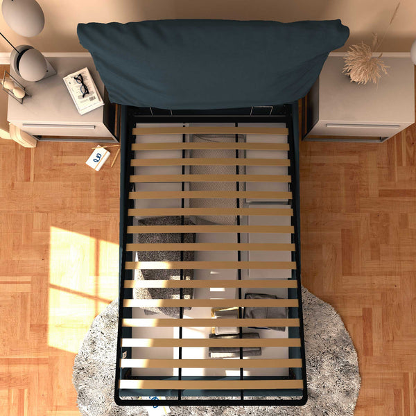 Letto contenitore piazza e mezza in ecopelle sfoderabile blu notte Baldiflex Licia Soft dall'alto