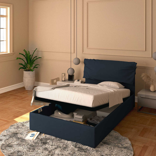 Letto contenitore piazza e mezza in ecopelle sfoderabile blu notte Baldiflex Licia Soft 