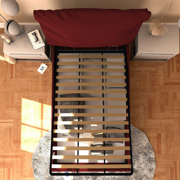 Letto contenitore piazza e mezza in ecopelle sfoderabile bordeaux Baldiflex Licia Soft dall'alto