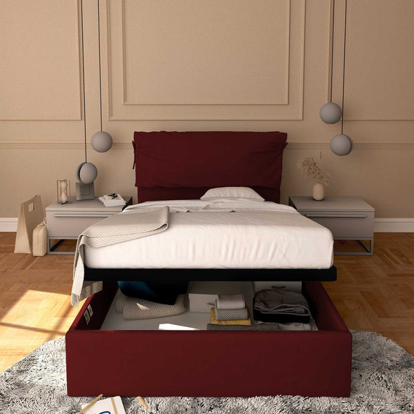 Letto contenitore piazza e mezza in ecopelle sfoderabile bordeaux Baldiflex Licia Soft fronte