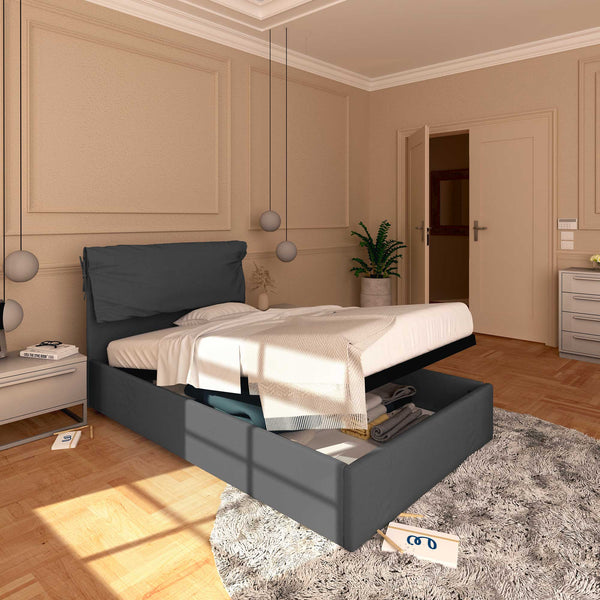 Letto contenitore piazza e mezza in ecopelle sfoderabile grigio scuro Baldiflex Licia Soft lato
