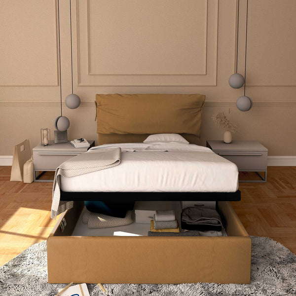 Letto contenitore piazza e mezza in ecopelle sfoderabile marrone chiaro Baldiflex Licia Soft fronte