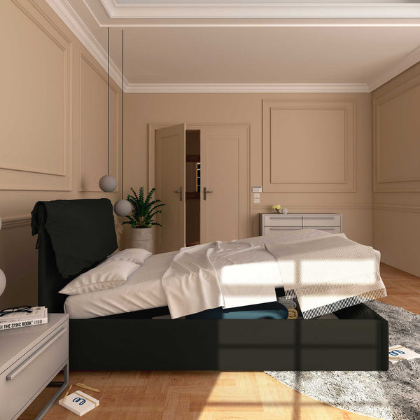 Letto contenitore piazza e mezza in ecopelle sfoderabile nero Baldiflex Licia Soft laterale