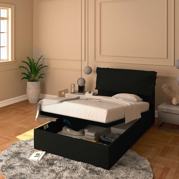 Letto contenitore piazza e mezza in ecopelle sfoderabile nero Baldiflex Licia Soft