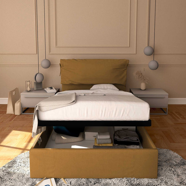 Letto contenitore piazza e mezza in ecopelle sfoderabile nocciola Baldiflex Licia Soft fronte