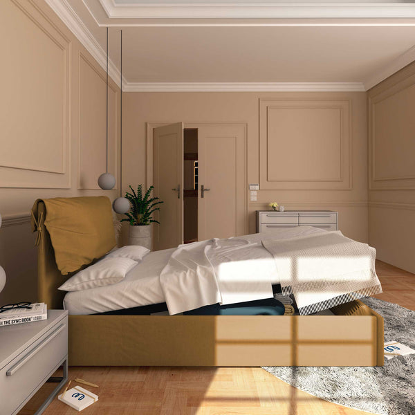 Letto contenitore piazza e mezza in ecopelle sfoderabile nocciola Baldiflex Licia Soft laterale