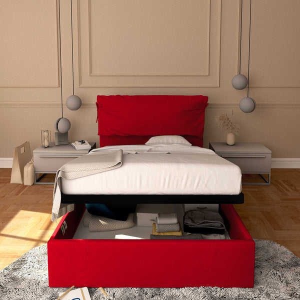 Letto contenitore piazza e mezza in ecopelle sfoderabile rosso Baldiflex Licia Soft fronte