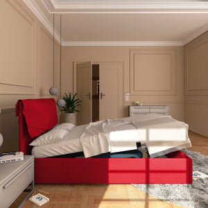 Letto contenitore piazza e mezza in ecopelle sfoderabile rosso Baldiflex Licia Soft laterale