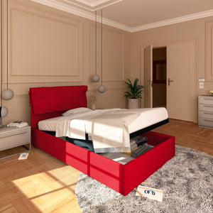 Letto contenitore piazza e mezza in ecopelle sfoderabile rosso Baldiflex Licia Soft lato