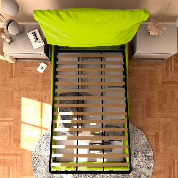 Letto contenitore piazza e mezza in ecopelle sfoderabile verde mela Baldiflex Licia Soft dall'alto