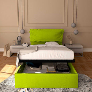 Letto contenitore piazza e mezza in ecopelle sfoderabile verde mela Baldiflex Licia Soft fronte