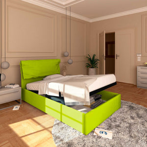 Letto contenitore piazza e mezza in ecopelle sfoderabile verde mela Baldiflex Licia Soft lato