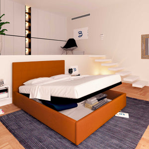 Letto contenitore una piazza e mezza in tessuto arancione Baldiflex Dublino lato